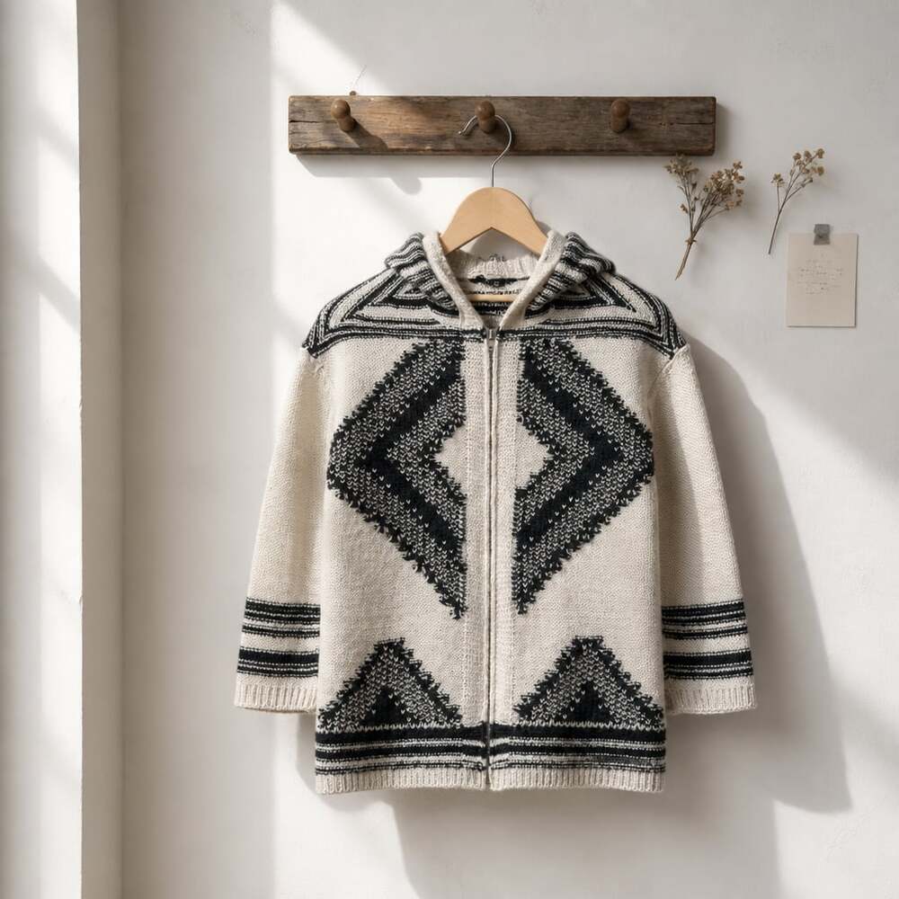 AQUA Women's Hooded Knit Zip-Up Sweater with Aztec Pattern and Fringe Detail